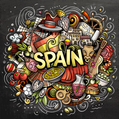 Obraz premium Spain hand drawn cartoon doodle illustration. Funny Spanish design. Creative art vector background. Handwritten text with elements and objects. Colorful composition