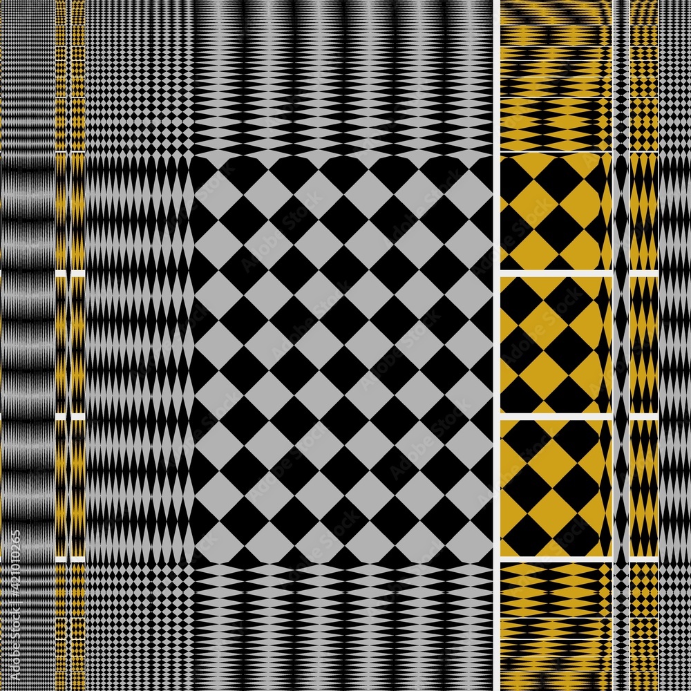 Poster grey and black chequered pattern with contrasting yellow and black zone with white ladder frames ice