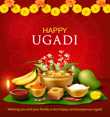 Greeting card with traditional food pachadi with all flavors for Indian New Year festival Ugadi (Gudi Padwa). Vector illustration.