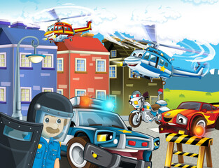 Naklejka premium cartoon scene with cars vehicles on street with fireman
