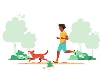 Black man jogging in spring park with dog. Outdoor activity, dog walking. Vector illustration.