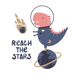 Vector illustration of a funny dinosaur astronaut and cosmic objects.