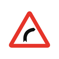 Triangular traffic signal in white and red, isolated on white background. Warning of right hand curve