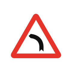 Triangular traffic signal in white and red, isolated on white background. Warning of left hand curve