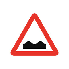 Triangular traffic signal in white and red, isolated on white background. Warning of humb or rough road