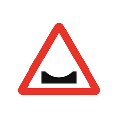 Triangular traffic signal in white and red, isolated on white background. Warning of dangerous dip