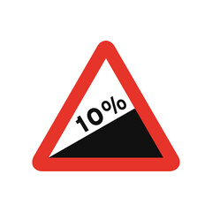 Triangular traffic signal in white and red, isolated on white background. Warning of steep ascent
