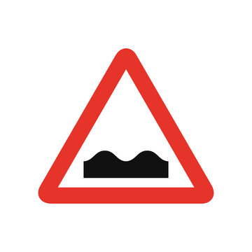 Triangular traffic signal in white and red, isolated on white background. Warning of humb or rough road