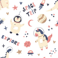 Vector seamless pattern with cute astronauts unicorn, penguin and dinosaur