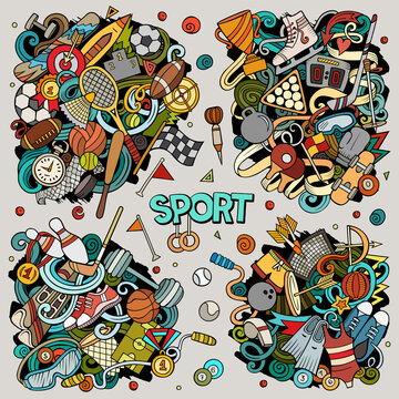Sports cartoon vector doodle designs set.