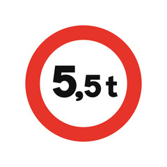 Rounded traffic signal in white and red, isolated on white background. Entry prohibited for vehicles with higher laden mass than indicated