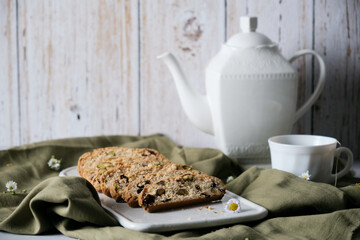 Biscotti or Cantuccini cookies set on white cafe table background.