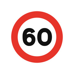 Fototapeta premium Rounded traffic signal in white and red, isolated on white background. Speed limit of sixty