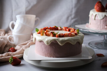 Strawberry chiffon cake with fresh cream. Cake for celebration.