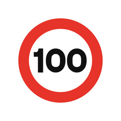 Rounded traffic signal in white and red, isolated on white background. Speed limit of one hundred