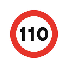 Rounded traffic signal in white and red, isolated on white background. Speed limit of one hundred and ten