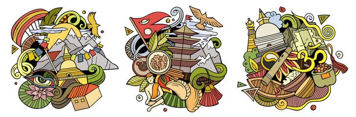 Nepal cartoon vector doodle designs set.
