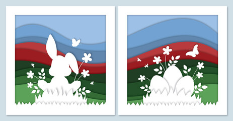 Easter bunny on meadow papercut vector, easter eggs hunt vector, paper cut 3d design, spring nature, flowers and butterflies on grass illustration