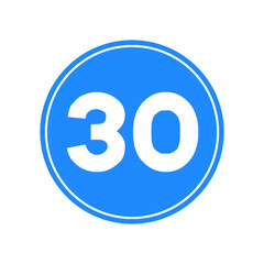 Rounded traffic signal in blue and white, isolated on white background. Minimum speed of thirty