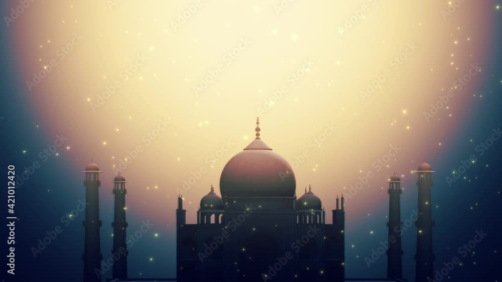 Wall mural ramadan kareem background loop. silhouette of taj mahal with particle glitter glow and crescent moon