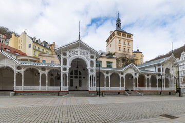 Fototapeta na wymiar The Market Colonnade in the center of famous czech spa town Karlovy Vary (Karlsbad), Czech Republic