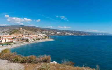 Coastal view of Salobrena, traditional Spanish village on Granada coast, Southern Spain