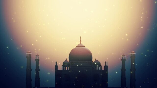 Ramadan Kareem Background Loop. Silhouette of Taj Mahal with particle glitter glow and crescent moon on soft background.