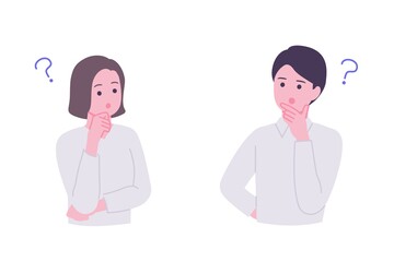 斜め上を見て考える男女