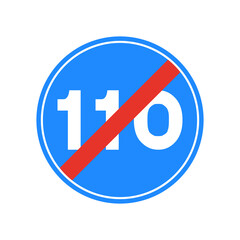 Rounded traffic signal in blue, red and white, isolated on white background. End of minimum speed of one hundred and ten