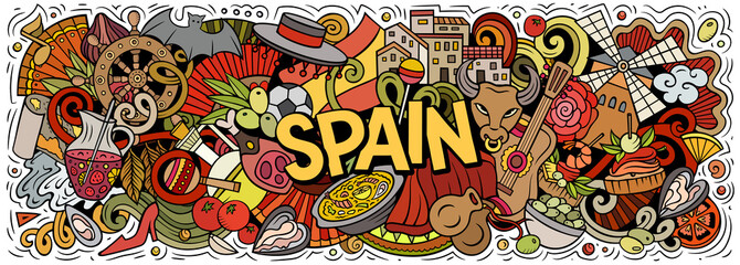 Spain hand drawn cartoon doodles illustration.