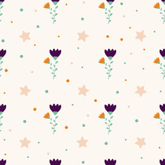 Seamless pattern with purple bells and stars on a light background. A summery, minimalistic pattern with flowers and circles. Pattern for wrapping paper, stationery, textiles, backgrounds, websites.
