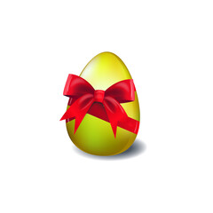 Golden easter egg with red ribbon and bow isolated on white 