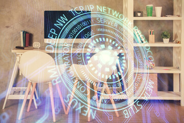 Multi exposure of data theme drawing and office interior background. Concept of technology.