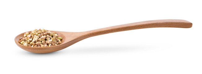 Buckwheat in wood spoon on the white background