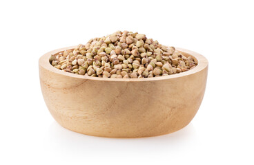 Buckwheat in wood bowl on the white background