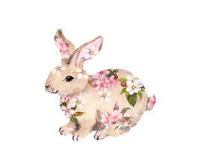 Cute rabbit in spring flowers. Water color