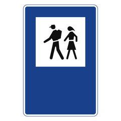 Rectangular traffic signal in blue and white, isolated on white background. Start of excursions on foot