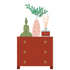 Stylish burgundy chest of drawers or bedside tables isolated on a white background. Vector home decor: a figurine of a buda, a vase with a plant, reed diffuser.