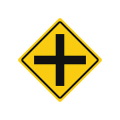 Rhomboid traffic signal in yellow and black, isolated on white background. Warning of crossroad