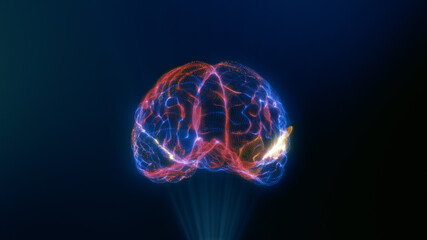 Artificial intelligence illustration. Human brain model. Nano technology innovation. Online lifestyle. Futuristic tech development. Human design. Computer science. Smart mind. Data base. IT business.