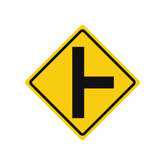 Rhomboid traffic signal in yellow and black, isolated on white background. Warning of side road on the right  at a perpendicular angle