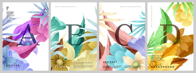 Schilderijen op glas Geschilderde Bloemen Flower cards. A set of vector illustrations. Spring and summer backgrounds. Flowers, leaves , branches . Watercolor background, pastel colors.  © Molibdenis-Studio