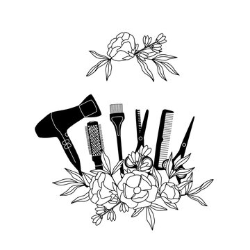 recommend clip art: Hairdressing scissors, comb, hair dye brush, hair dryer and flower, logo in minimalist and vintage style. Vector illustration for interior design, flyer, business card and poster.