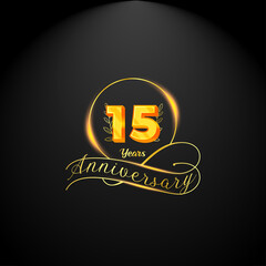 Elegant golden 15 years anniversary logo template. luxury retro vintage style. vector illustration