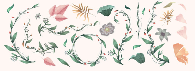 A set of vector elements of vegetation, leaves, flowers, branches. Pastel, watercolor. Brush strokes.