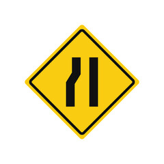 Rhomboid traffic signal in yellow and black, isolated on white background. Warning of narrow road ahead on left side