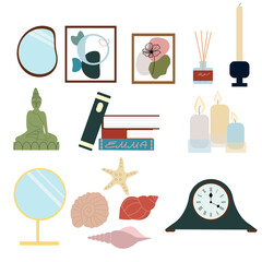 Stylish trendy vector home decor:candles, figurines, paintings and other elements isolated on white background.Interior goods in natural colors.