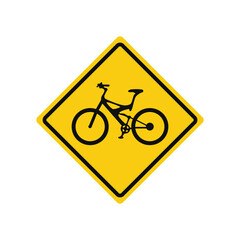 Rhomboid traffic signal in yellow and black, isolated on white background. Warning of cycle crossing
