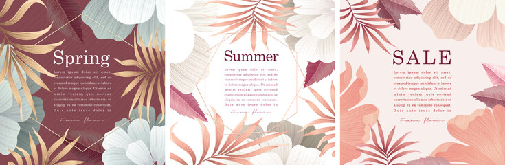 Flower cards. A set of vector illustrations. Spring and summer backgrounds. Flowers, leaves , branches . Watercolor background, pastel colors. A wreath and a frame of flowers with space for text. © Molibdenis-Studio