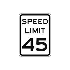 Rectangular traffic signal with white background and text in black, isolated on white background. Speed limit to forty five